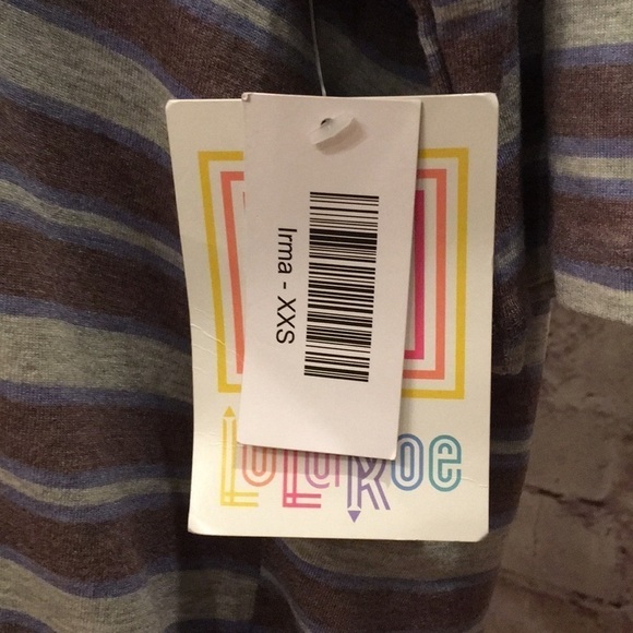 LULAROE Irma Tunic Top Tee Gray Blue Brown Stripe - Picture 3 of 3